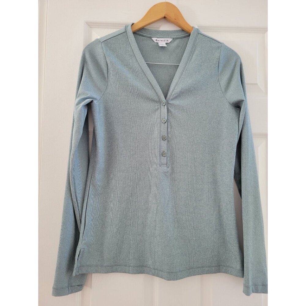 Athleta Women Uptempo Ribbed Green Henley Long Sleeve Top size Large Active